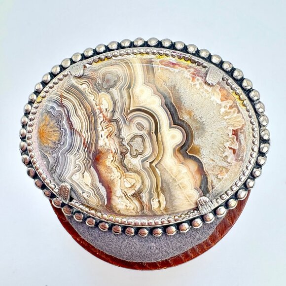 VTG Sterling Silver 925 Jasper Bezel Set Beaded Border Brooch Size 2" Length - Picture 1 of 11